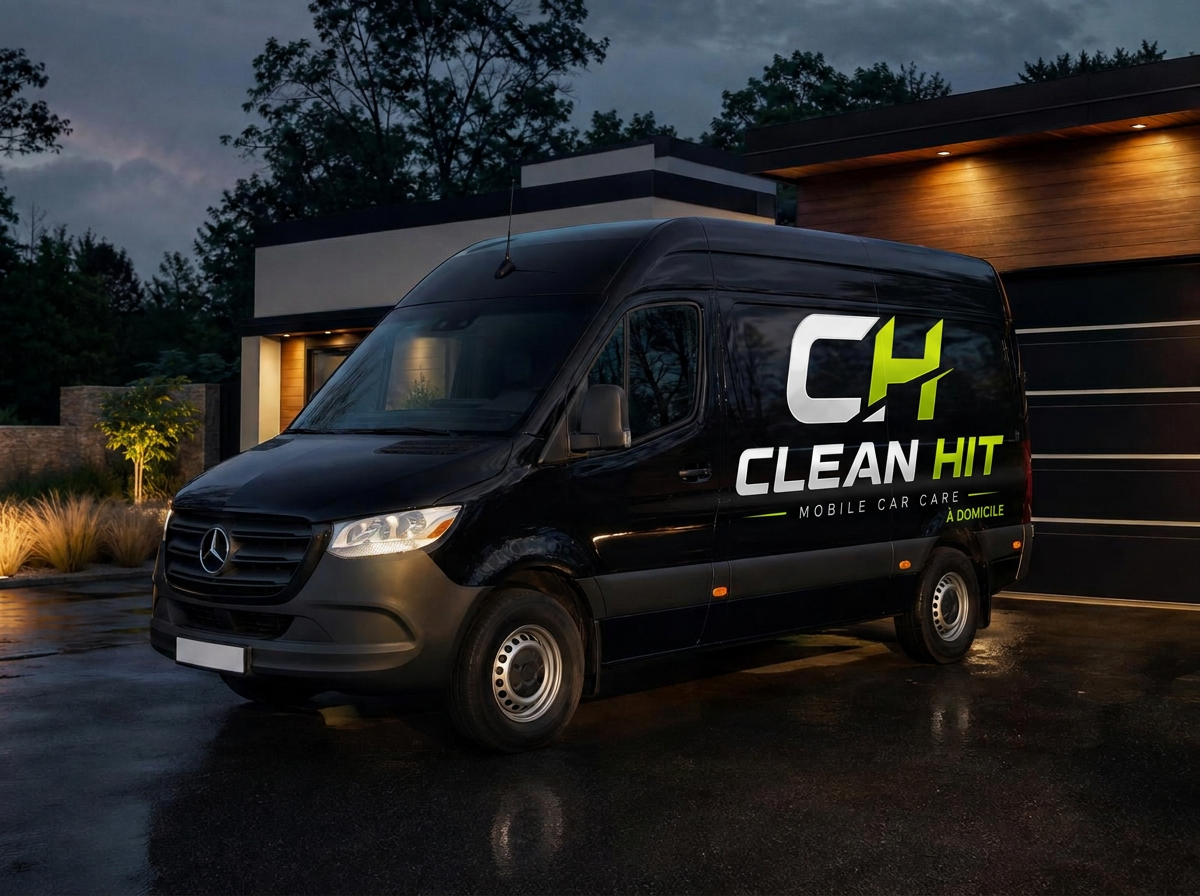 Fourgon CLEAN HIT noir floqué du logo CH, garé devant une maison moderne à la tombée du jour